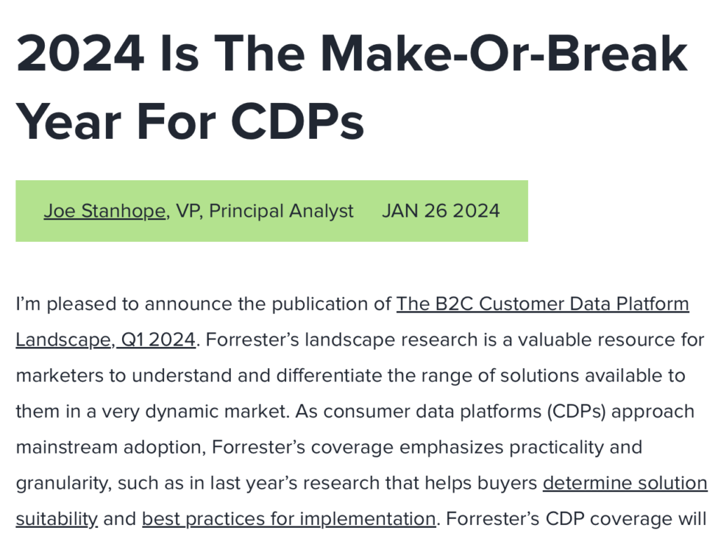 2024 is the make or break year for CDP report summary screenshot from Forrester. 
